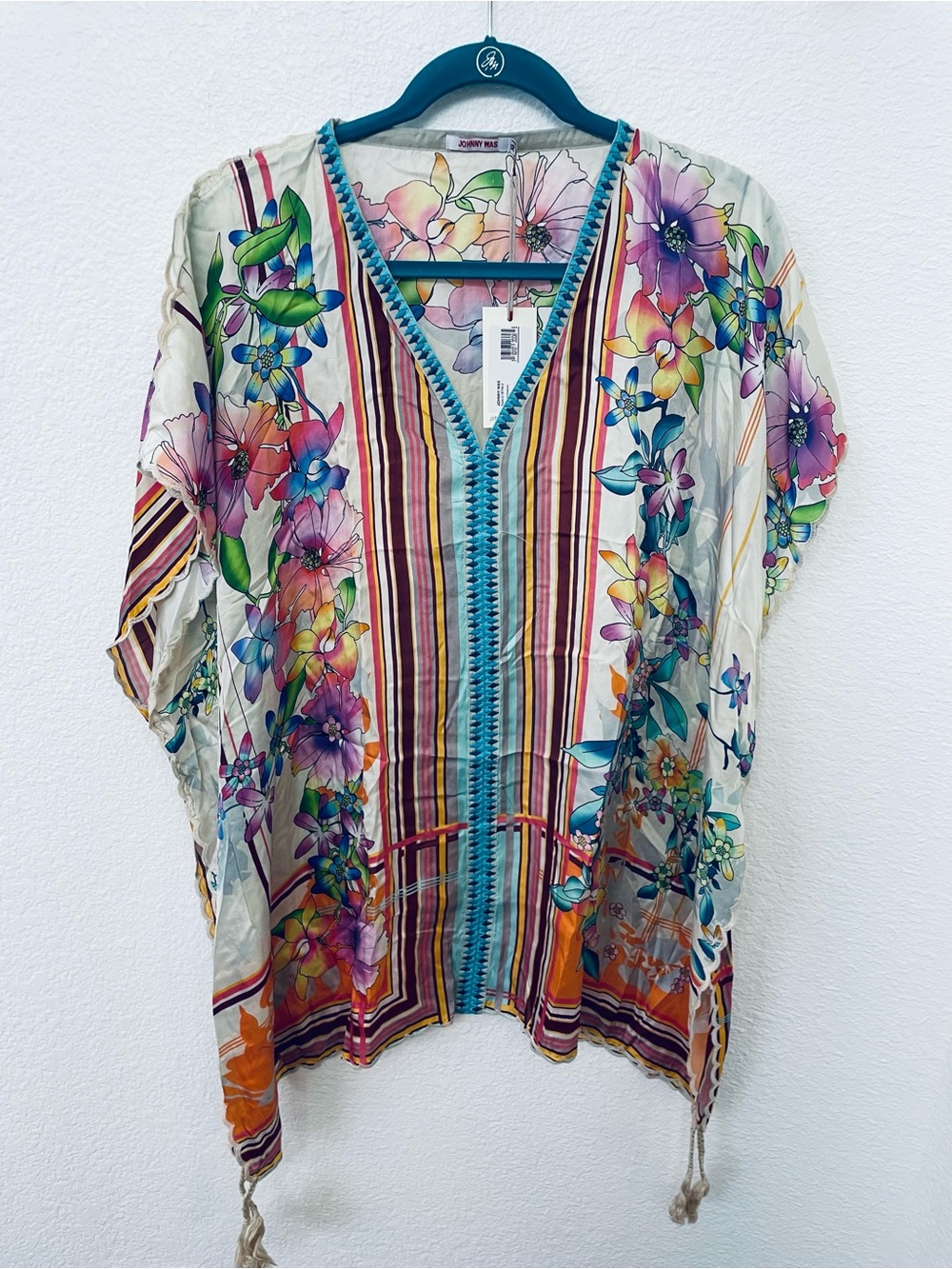 Johnny Was Multicolor Floral Stripe V-Neck Kimono Tunic